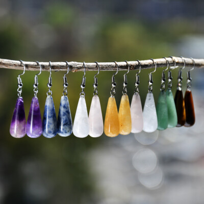 Natural Stone Teardrop Pendant Earring Boho Dangle Jewelry with Silver Hook Gift
