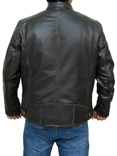 Men's New Moto Biker Cafe Racer Real Sheepskin Vintage Brown Leather Jacket - Picture 7 of 8