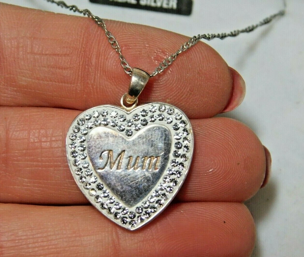 NIB Warren Jones Sterling Silver Heart Pendant Mum Rhinestones Necklace