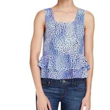 REBECCA TAYLOR Blue Crush Leopard Fever Ruffle Hem 100 Silk Top Size 0