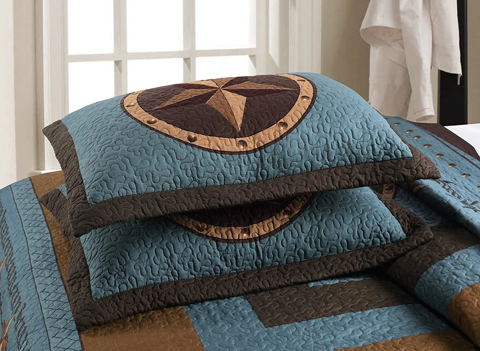 3pcs Pre-Washed Oversized Quilt Set Rustic Western Star Cabin Bedspread Coverlet - Image 3 of 4