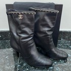 CHANEL BLACK LAMSKIN LEATHER SILVER CHAIN PULL ON BOOTIES LOW HEEL SZ 39 — photo 1