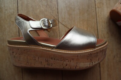 New Metallic Gold Leather FITFLOP Eloise Cork Wrap Platform Wedge Sandals  8.5 | eBay