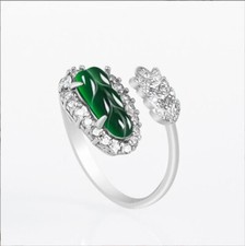 Certified S925 Sterling Silver Natural Green Burma A Jade jadeite Leaf Ring
