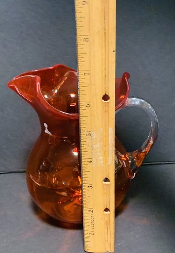 Small Orange Ruffled Rim Water Tea Pitcher Clear Handle Blown Glass Decoration - Picture 4 of 15