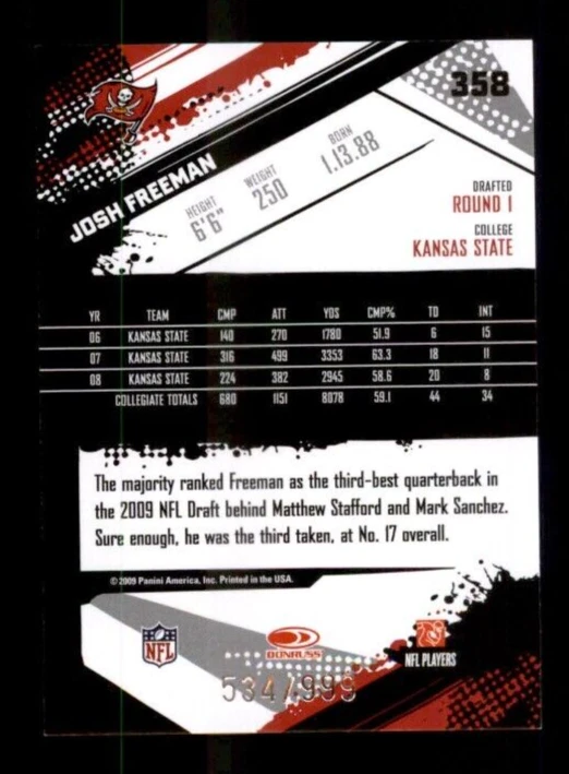 2009 Score Inscriptions #358 Josh Freeman RC 534/999 - Image 2 of 2