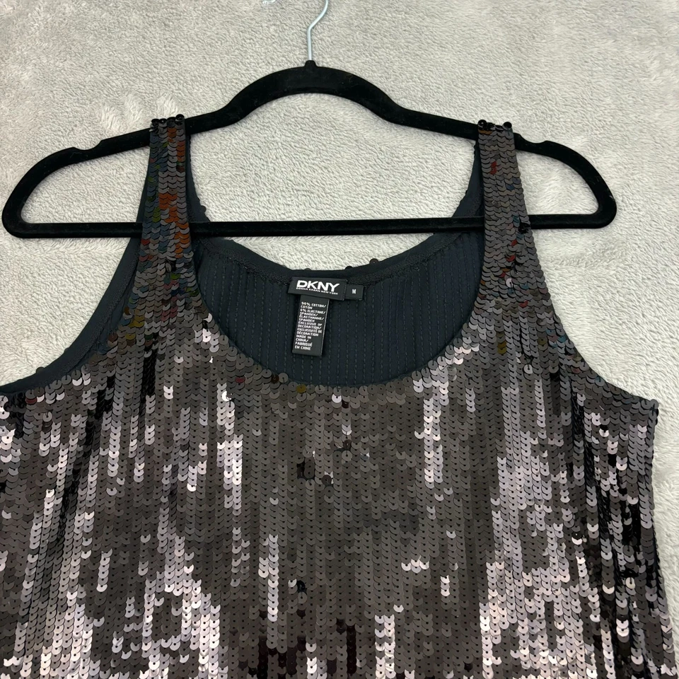 Camiseta sin mangas DKNY lentejuelas para mujer M negra algodón elástica salir discoteca años 70 Foto 3 de 4