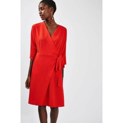 topshop buckle wrap midi dress TOPSHOP Dress Batwing Hot Red Wrap Midi Casual Wear To Work Dress Sz US 4  NEW