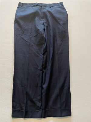 Calvin Klein 34 x 30 Wool & Cashmere Charcoal w/ Blue Pickstripe Trousers