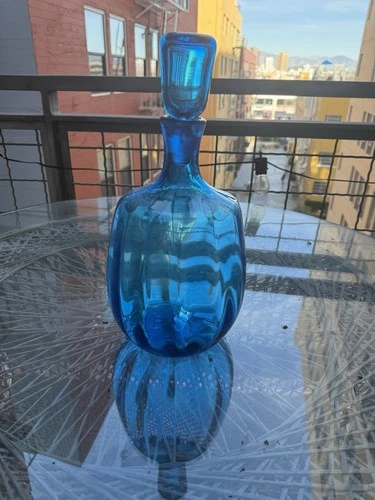 MCM Blenko X Large Glass Joel Myers Turquoise Blue 1960s Decanter & Stopper 6416