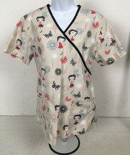 Betty Boop Scrub Top Women Size S Tan w Betty Boop Butterflies Pockets Tie Back