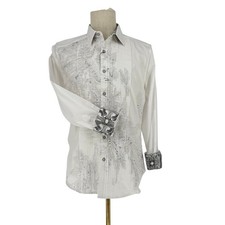 Robert Graham Embroidered Tuxedo Shirt AS IS Solid White Jacquard STAINED M