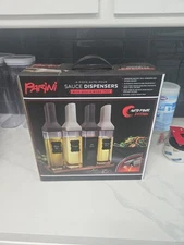 PARINI 4PC AUTO-POUR SAUCE  DISPENSERS WITH ACACIA WOOD TRAY, NIB