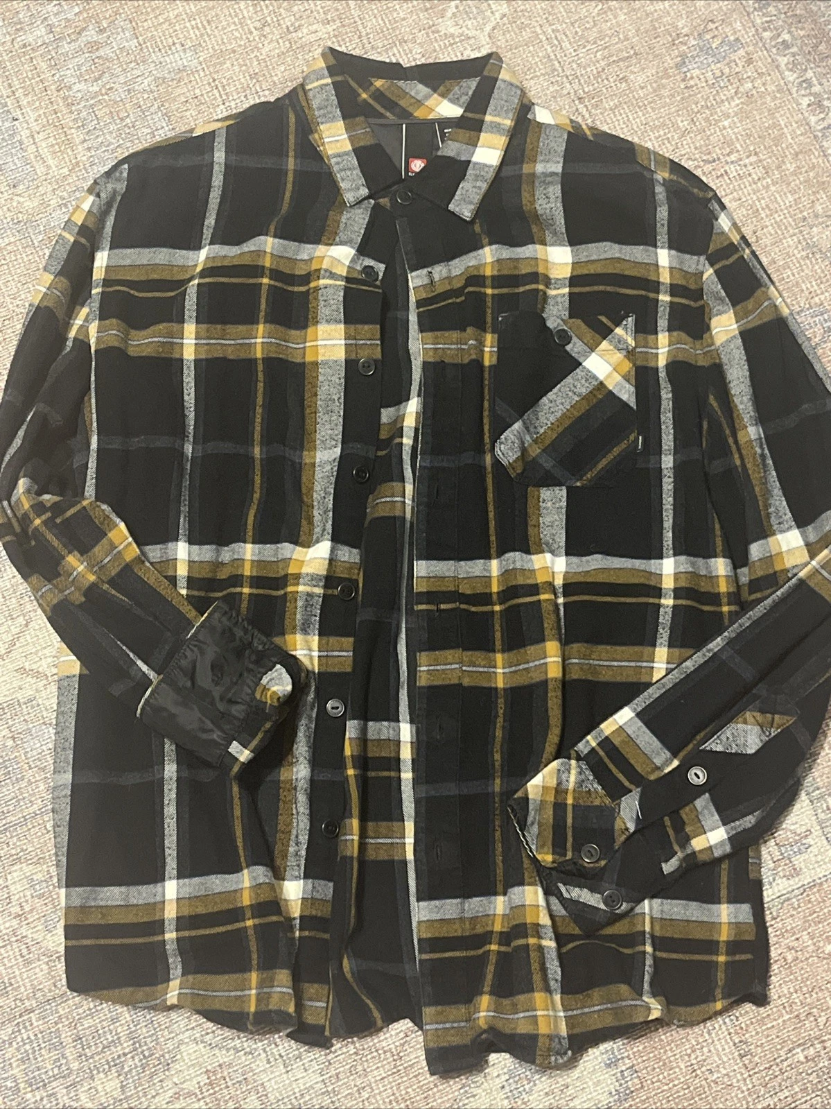 Element Flannel Shirt Button Down Skater Black Yellow Plaid Men's Size Medium