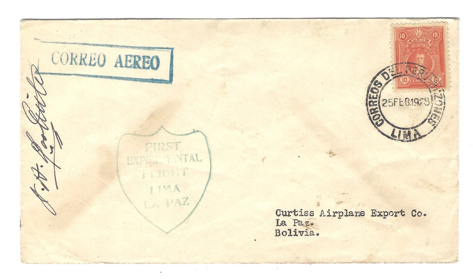 Peru 1928 Airmail Cover 1stExperimental Flight Lima-LaPaz SIGNED JIMMY DOOLITTLE