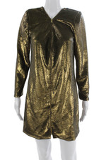 Nonchalant Label Women Shift Dress Gold V-Neck Long Sleeve Above Knee Size M