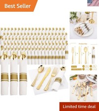 120Pack Gold Plastic Silverware Wrapped Plastic Cutlery Set with Napkin,Pre R...