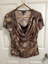 I.N. STUDIO Petite Large BlackBrownAnimal Print Cowl Neck, Short/Capped Sleeves