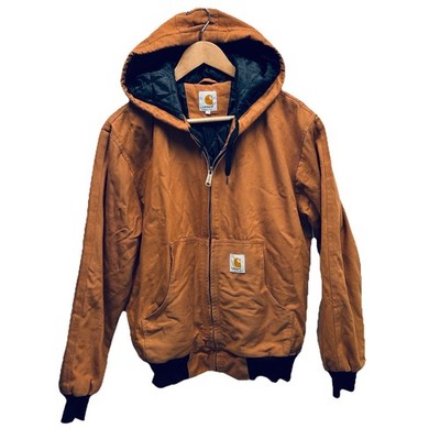 Carhartt Active Jacket Medium Brown Duck Canvas Hooded Workwear Quilted Lined