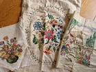3 vintage embroidered cottage garden panels 1930s 50s