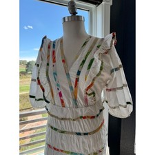 Farm Rio White Rainbow Ribbon Tiered Midi Dress V-Neck Ruffle Puff Sleeve Small