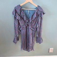 Free People NWT Sweetest thing floral Ruffle Bell sleeve V-neck Satin dress-4