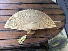 Vintage Wooden Folding Hand Fan Oriental Open Work Carved Wood Hong Kong NOS