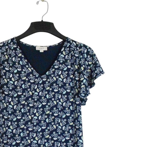 LOFT Outlet Top Womens XS Blue Multi V Neck Short Flutter Sleeves Mixed Media - Picture 7 of 10