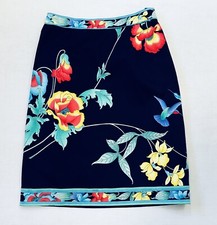 Vintage Leonard Studio Navy Blue Bright Floral Hummingbird Pencil Skirt Sz Small