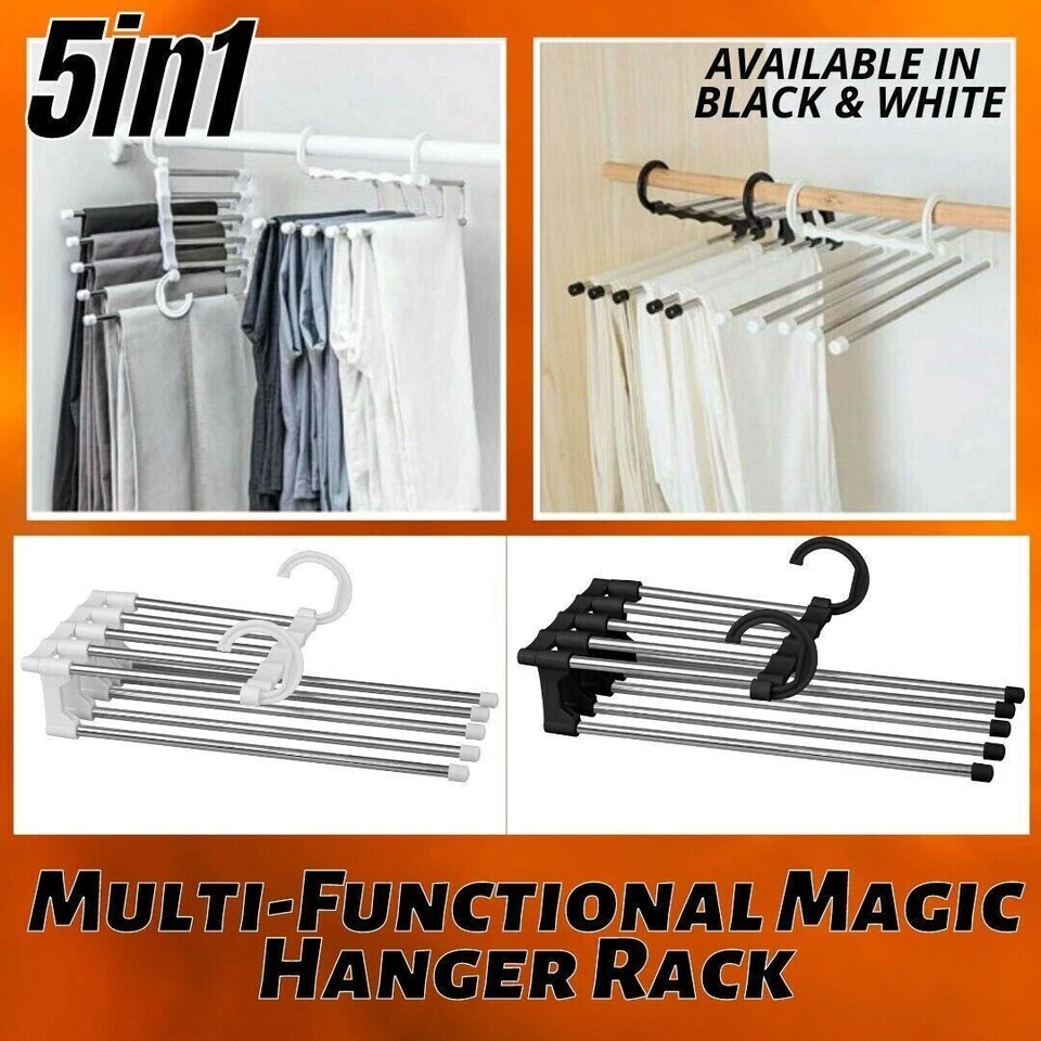 5 in 1 Multi-functional Pants Rack Shelves Space Saving Storage Hangers Home US - Image 2 of 4