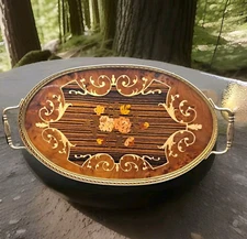 Marquetry Inlaid Wood Serving Tray Brass Trim with Handles Italy 16"x 8.75" x 1"