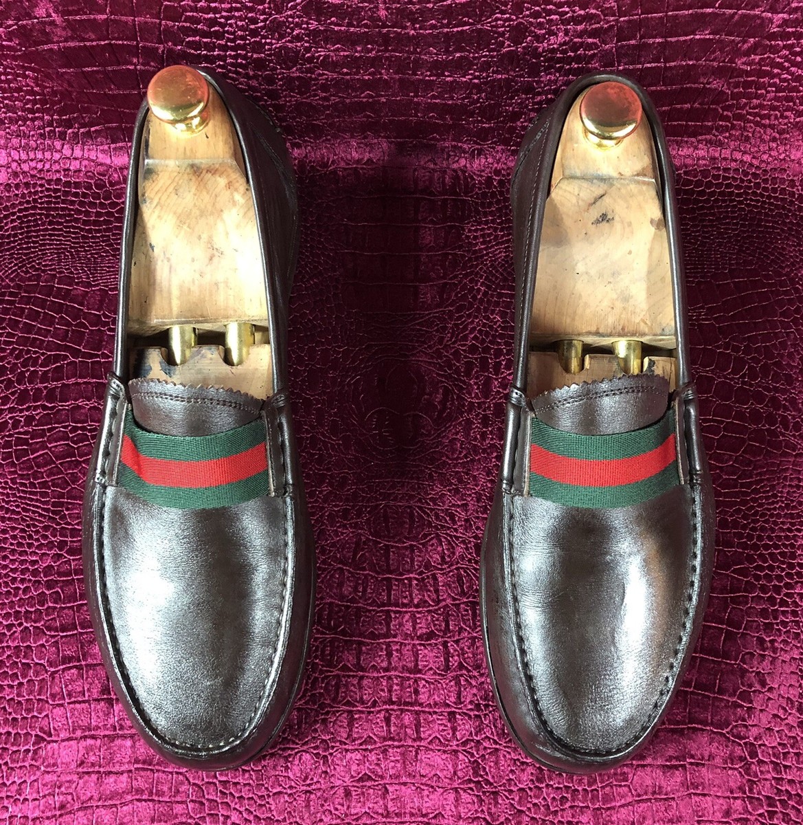 $890 Mens Brown Leather Gucci Web Loafers Sz 8 D US / 7 G  display picture 3