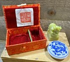 VTG Asian Jade Dragon Signature Stamp With Red Ink Porcelain Dish In Box (Mary)