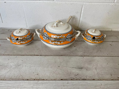 3 x Losol Ware Keeling & Co Burslem orange vergoldet Servierschale mit Schöpfkelle #K