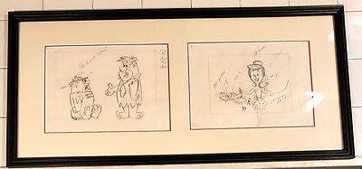 Flintstones c.1960 Production Animation Drawing 2-pc Set:  Bedrock Coach' Rare