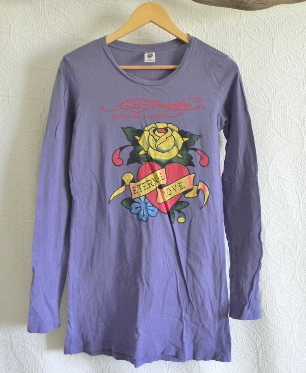 Ed Hardy 長袖カットソー Mサイズ Ed Hardy Tunic T-Shirt Long Sleeve Graphic Purple 100% Cotton Size