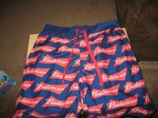VTG 1980s MENS SWIM TRUNKS MED. BUDWEISER RED WHITE  BLUE WITH POCKETS