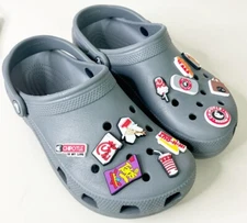 Crocs Gray Men 7/Women 9 Food Jibbitzs (Chipoltle, Taki, In N Out,Chik-fil-a)EUC