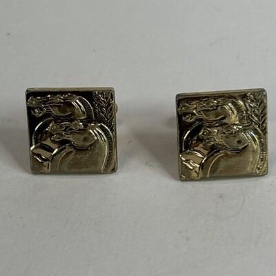 Vintage Pair Cuff Links Hirse Station Head Gold Color Men s Jewelry T154