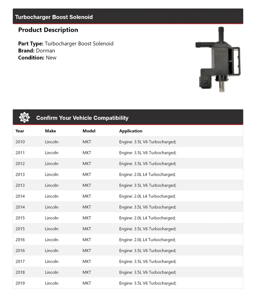 Para Lincoln MKT Dorman 2010-2019 turbocompresor Boost solenoide 2011 2012 2013 2014 Foto 2 de 4