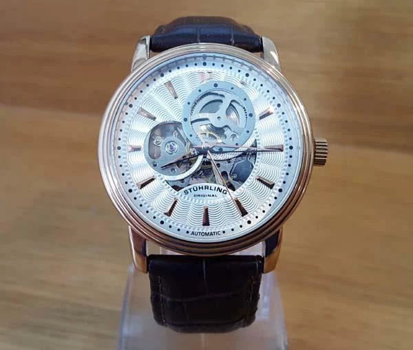 Mens Brown Leather Stuhrling Delphi Acheron Rose Gold Skeleton Automatic Watch