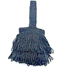Black Beaded Fringe Evening Handbag Purse with Strap Handle