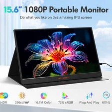 GTMEDIA 15.6" Portable Monitor 1080P USB-C HDMI w/Cover Plug and Play for Laptop