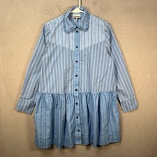 Ganni Size 36 Blue Striped Organic Cotton Button-Down Dress Long Sleeves Ruffled