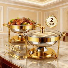 2 PCS 6QT Round Chafing Dish Buffet Set Food Warmer Chafer w/Glass Lid Gold Leg