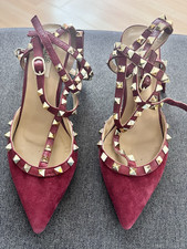 Valentino Burgundy Suede Leather Studded Strappy Pointed Toe Heels EU 39