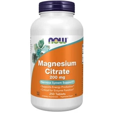NOW Supplements Magnesium Citrate 200mg Nervous System & Enzyme Support 250 Veg 