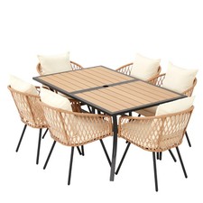 6 Rattan Chairs Outdoor Dining Set Rectangular Table for Garden Poolside