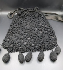 Antique Crochet / Macrame Black Drawstring Purse Handbag, Lined