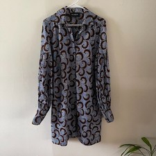 Demestik Puff Sleeve Shirt Dress Womens Large Cotton Wax Print Pocket Maxi Tunic